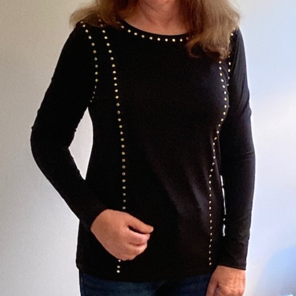 Calvin Klein black top with brass rivet detail, Size Small